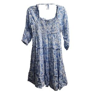 Crown and Ivy Kids Girls Blue Floral Smocked Tiered Dress XL